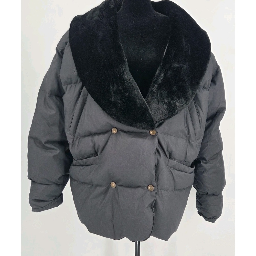 Vtg JG Hook RealDown Puffer Coat Fur Collar XS Black Double Breasted